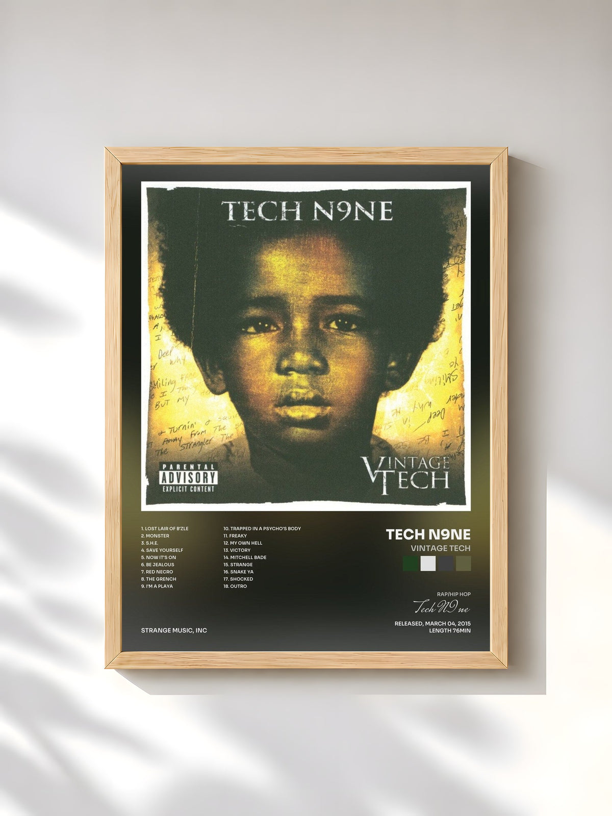 #bois Tableau de l'album Vintage Tech de Tech N9ne, cadre en bois brut, imprimé et encadré en France