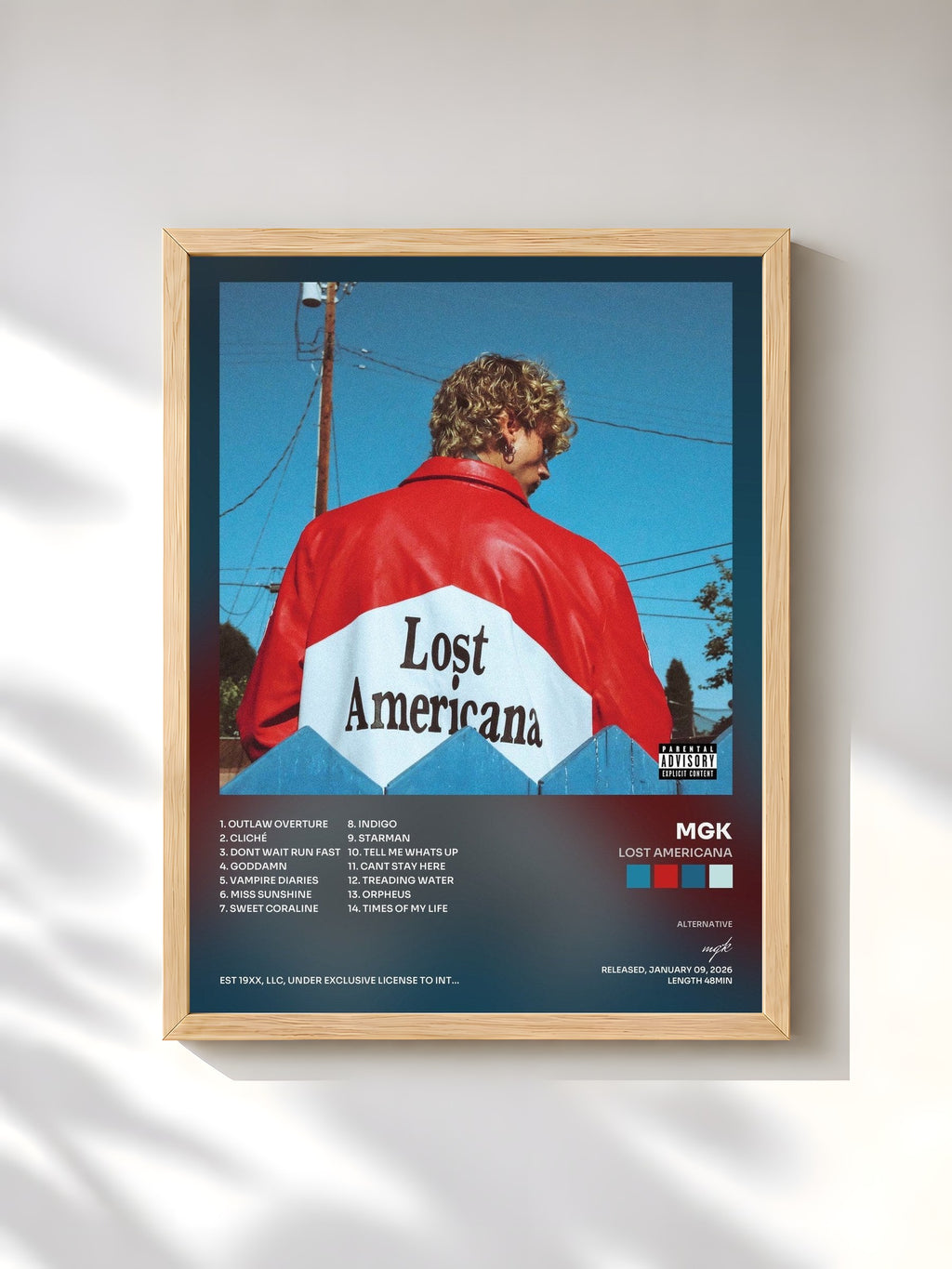 #bois Tableau de l'album lost americana de mgk, cadre en bois brut, imprimé et encadré en France