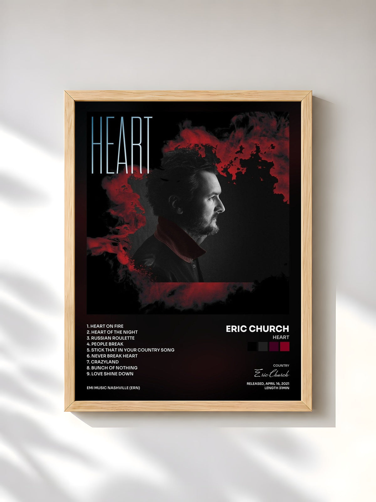 #bois Tableau de l'album Heart de Eric Church, cadre en bois brut, imprimé et encadré en France