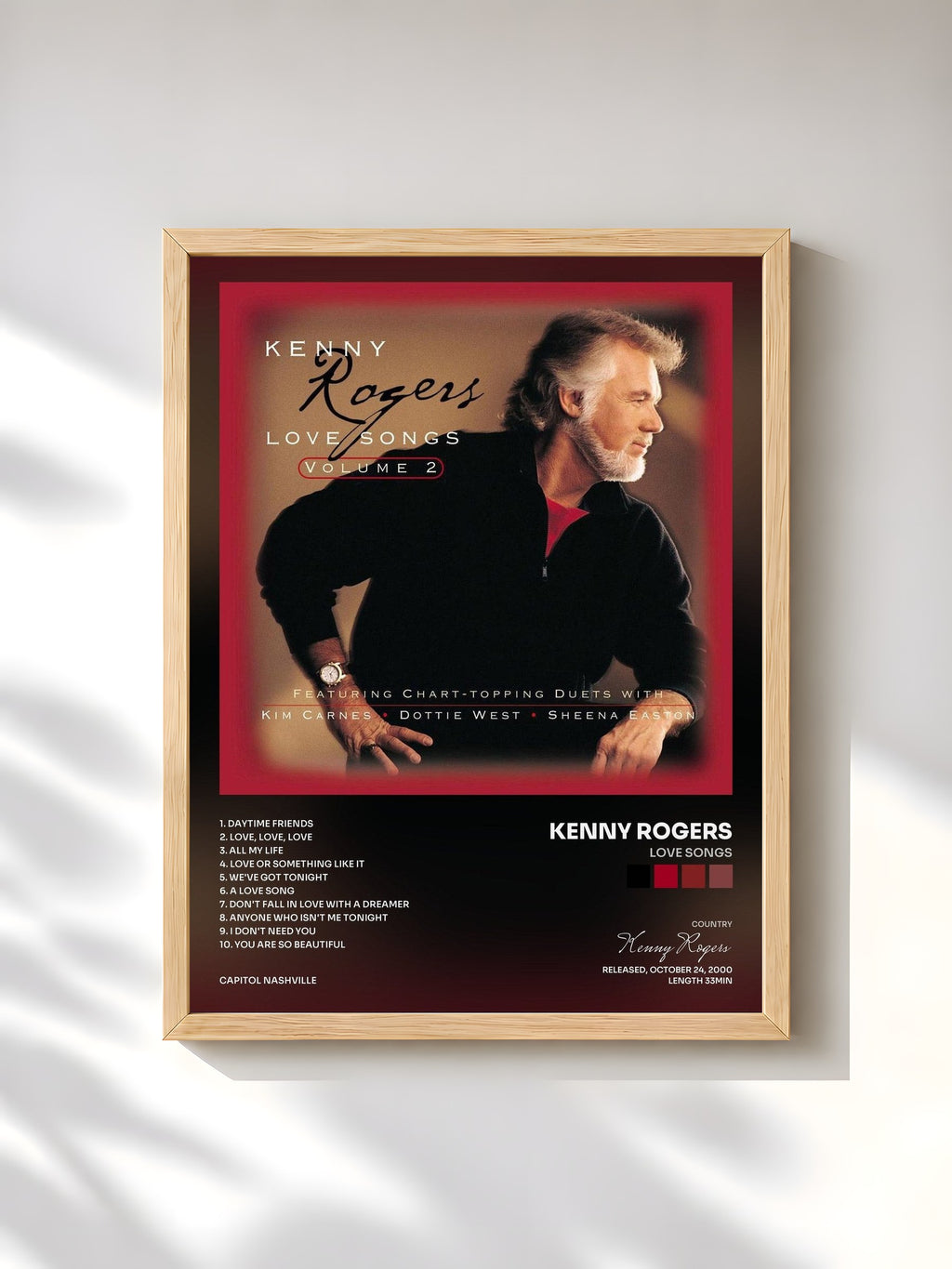 #bois Tableau de l'album Love Songs de Kenny Rogers, cadre en bois brut, imprimé et encadré en France