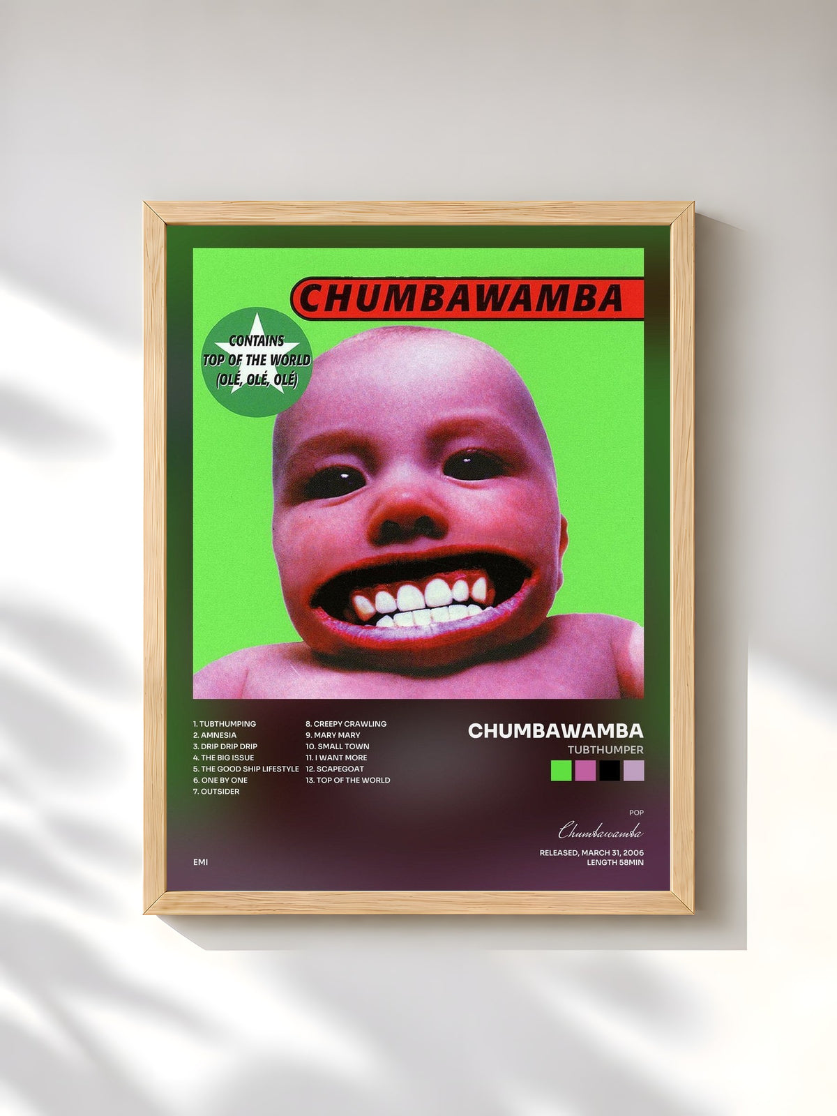 #bois Tableau de l'album Tubthumper de Chumbawamba, cadre en bois brut, imprimé et encadré en France