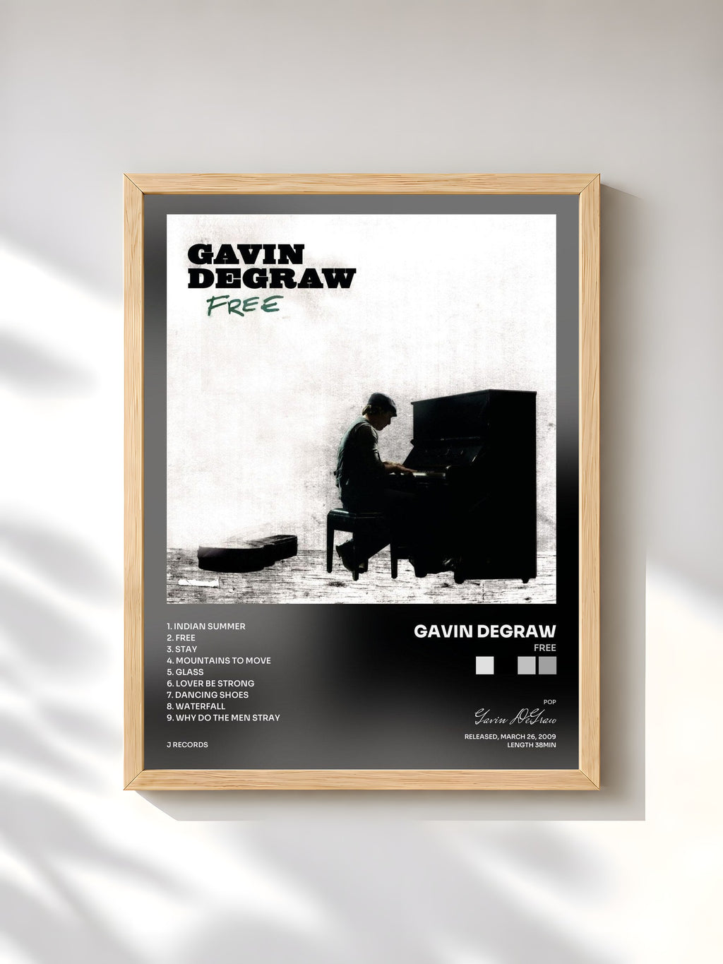 #bois Tableau de l'album FREE de Gavin DeGraw, cadre en bois brut, imprimé et encadré en France