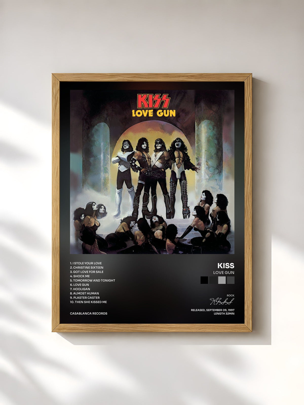 #bois Tableau de l'album Love Gun de KISS, cadre en bois brut, imprimé et encadré en France