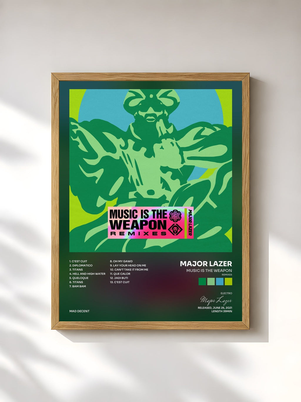 #bois Tableau de l'album Music Is the Weapon (Remixes) de Major Lazer, cadre en bois brut, imprimé et encadré en France