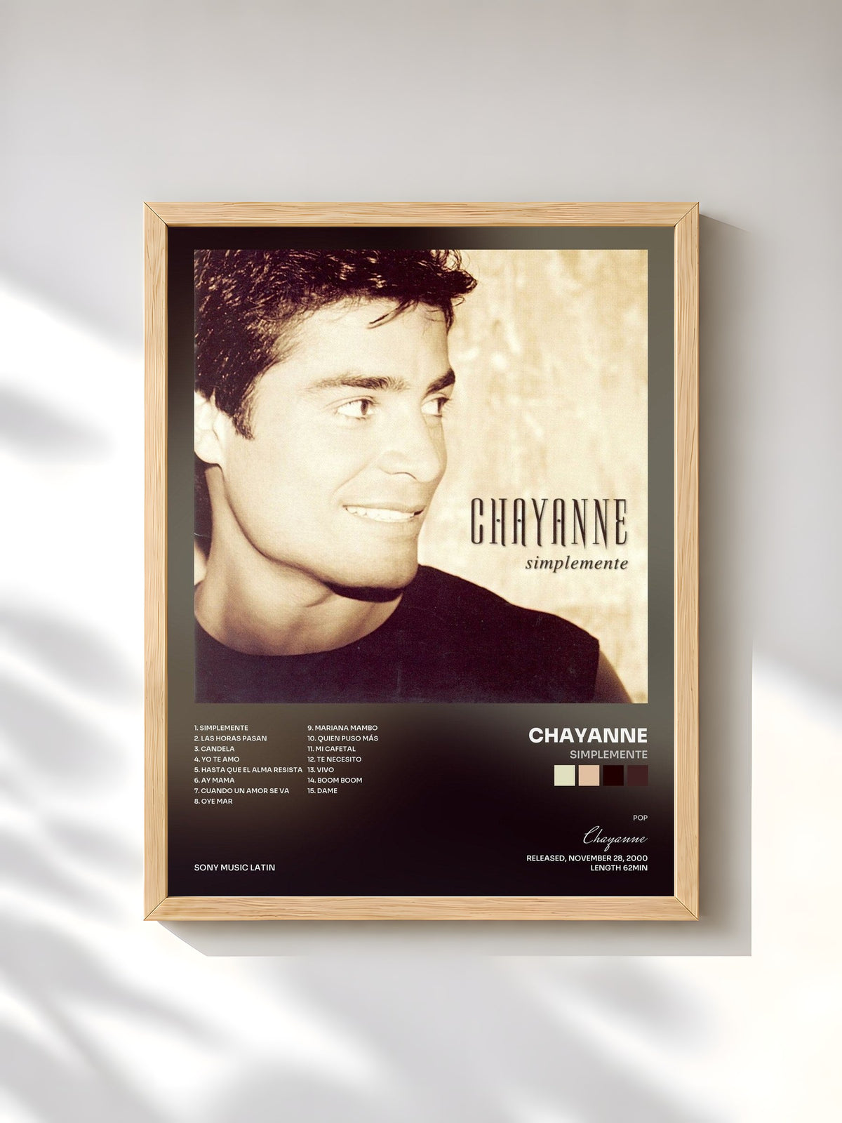 #bois Tableau de l'album Simplemente de Chayanne, cadre en bois brut, imprimé et encadré en France