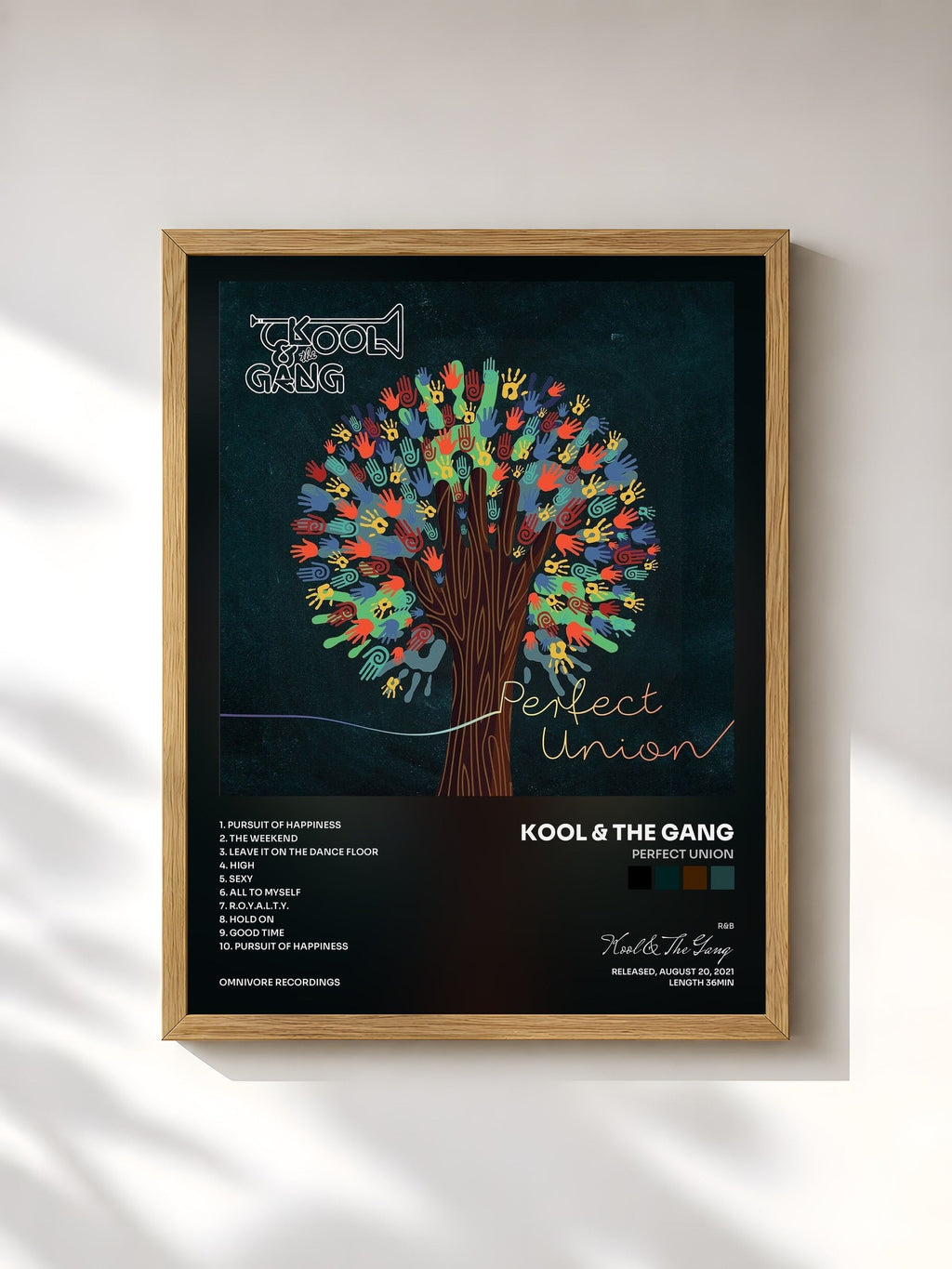 #bois Tableau de l'album Perfect Union de Kool & The Gang, cadre en bois brut, imprimé et encadré en France