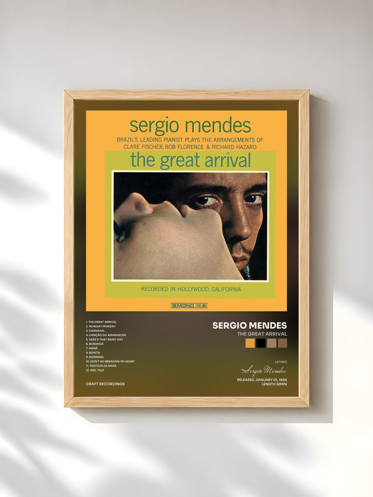 #bois Tableau de l'album The Great Arrival de Sergio Mendes, cadre en bois brut, imprimé et encadré en France