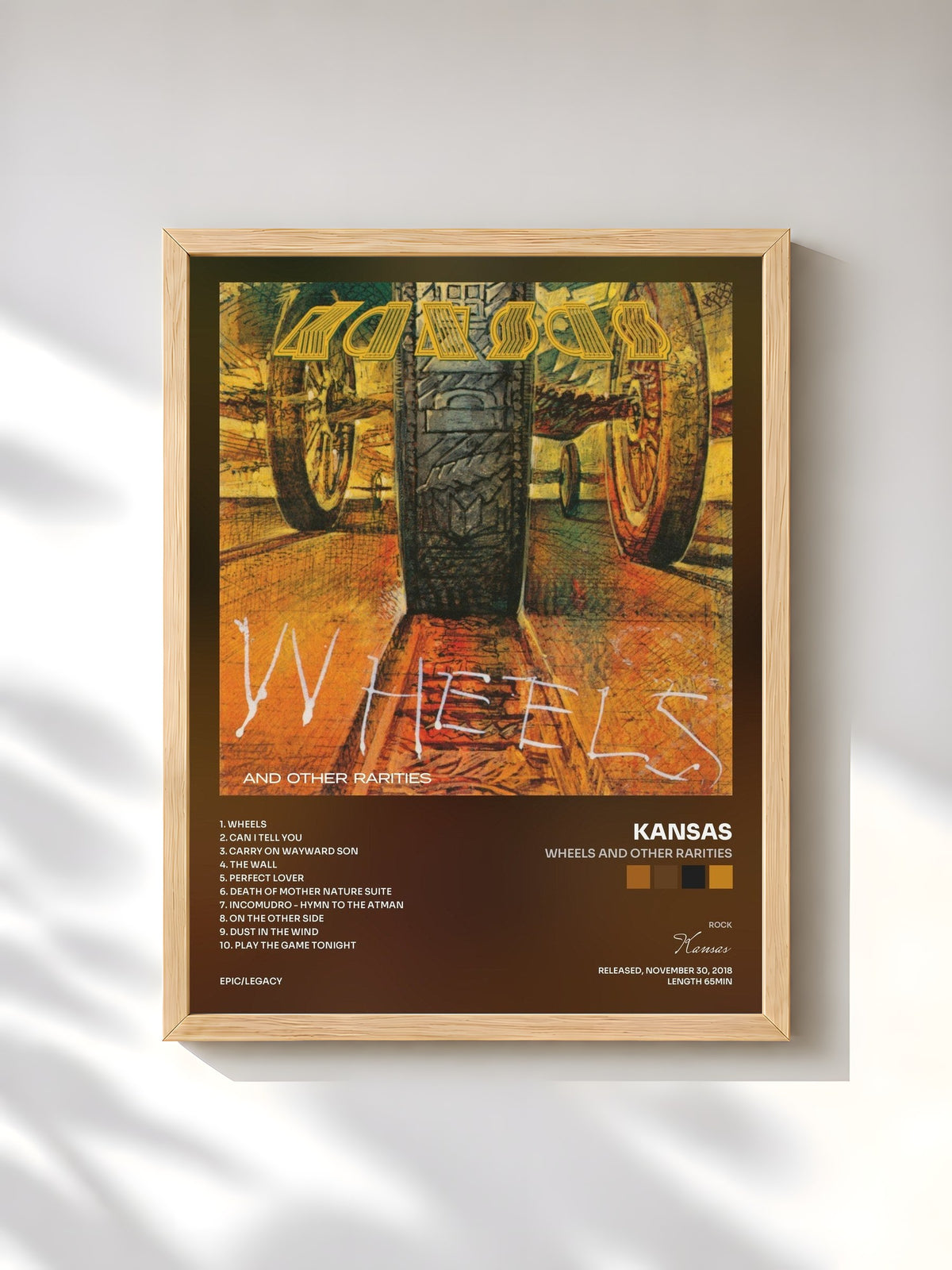 #bois Tableau de l'album Wheels and Other Rarities de Kansas, cadre en bois brut, imprimé et encadré en France