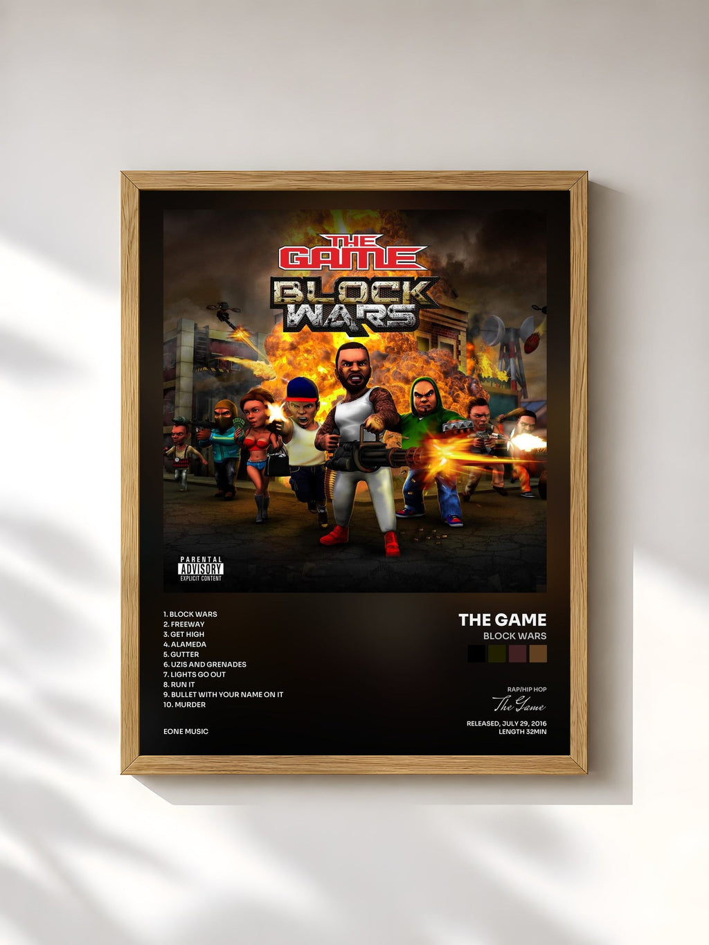 #bois Tableau de l'album Block Wars de The Game, cadre en bois brut, imprimé et encadré en France