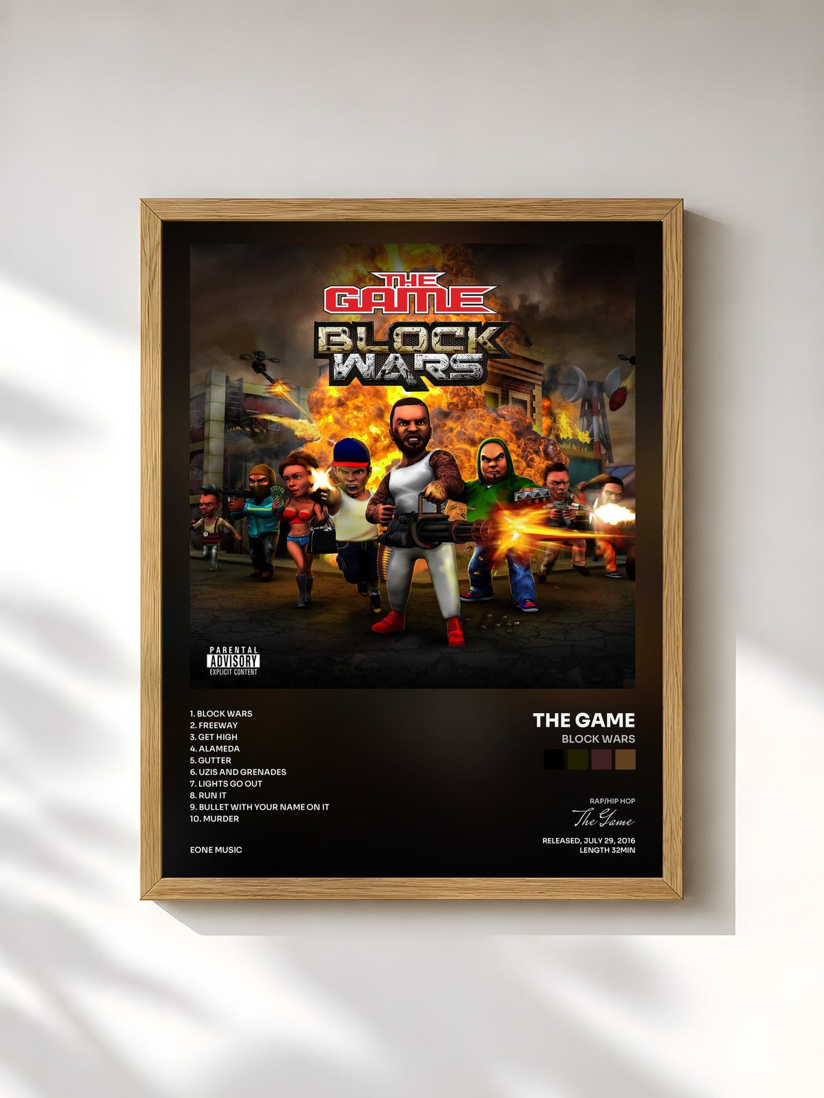 #bois Tableau de l'album Block Wars de The Game, cadre en bois brut, imprimé et encadré en France