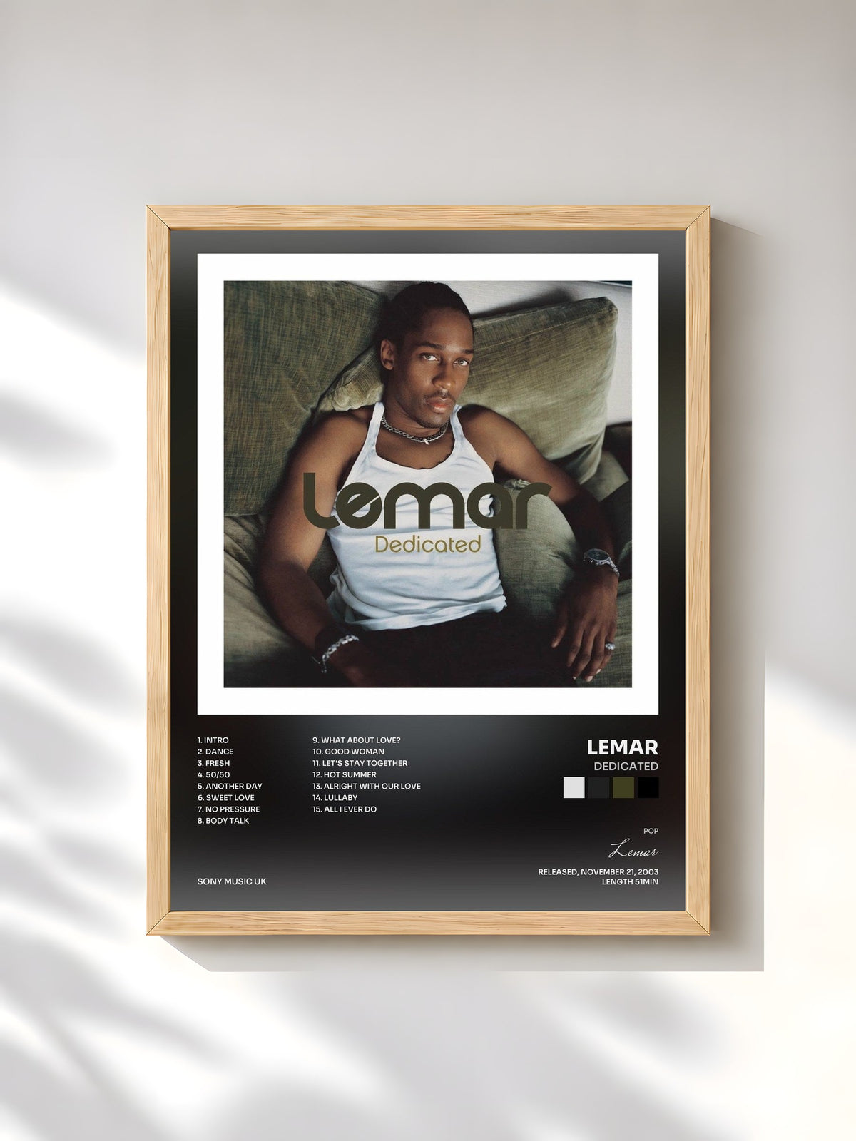 #bois Tableau de l'album Dedicated de Lemar, cadre en bois brut, imprimé et encadré en France
