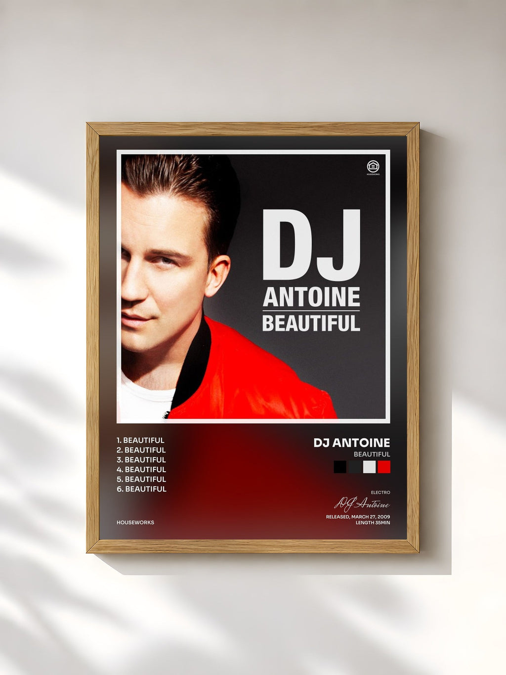 #bois Tableau de l'album Beautiful de DJ Antoine, cadre en bois brut, imprimé et encadré en France