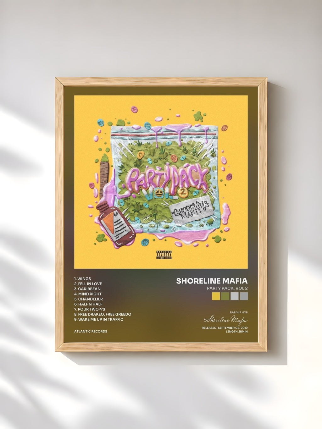 #bois Tableau de l'album Party Pack. Vol 2 de Shoreline Mafia, cadre en bois brut, imprimé et encadré en France
