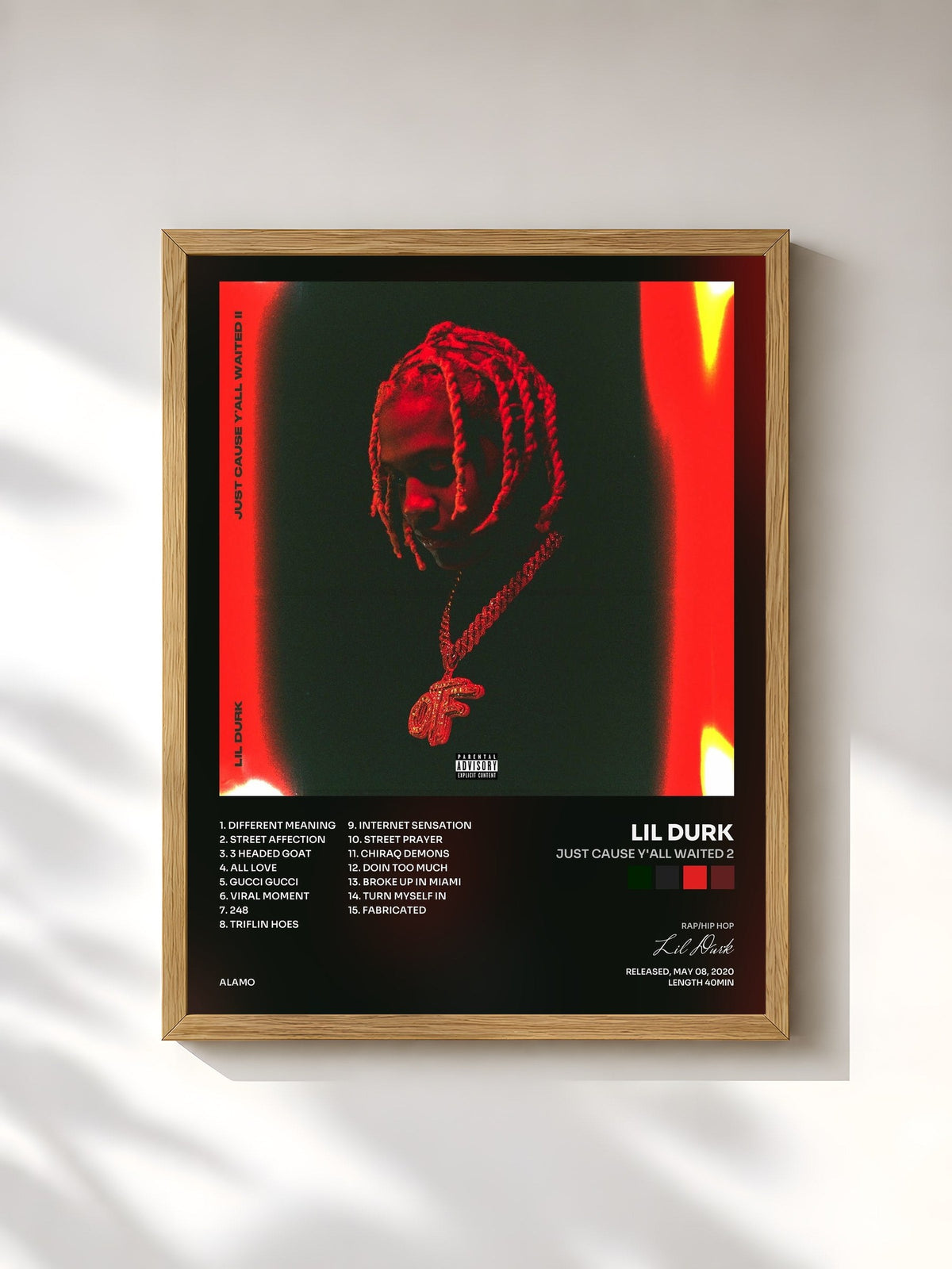 #bois Tableau de l'album Just Cause Y'all Waited 2 de Lil Durk, cadre en bois brut, imprimé et encadré en France