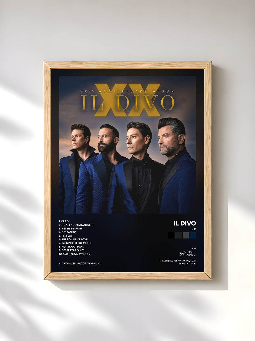 #bois Tableau de l'album XX de Il Divo, cadre en bois brut, imprimé et encadré en France