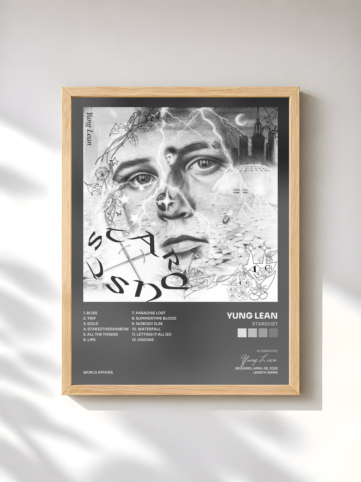 #bois Tableau de l'album Stardust de Yung Lean, cadre en bois brut, imprimé et encadré en France