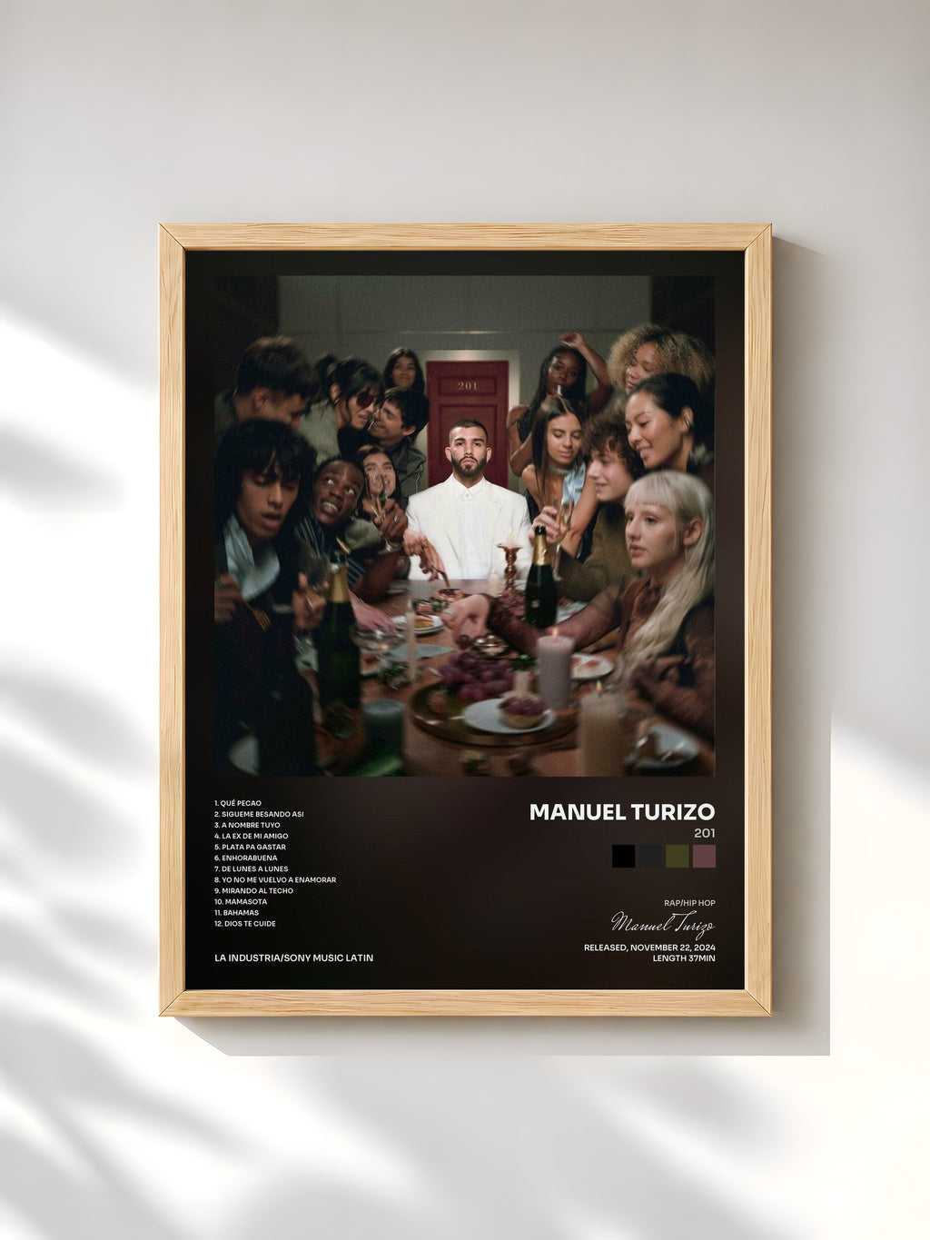 #bois Tableau de l'album 201 de Manuel Turizo, cadre en bois brut, imprimé et encadré en France