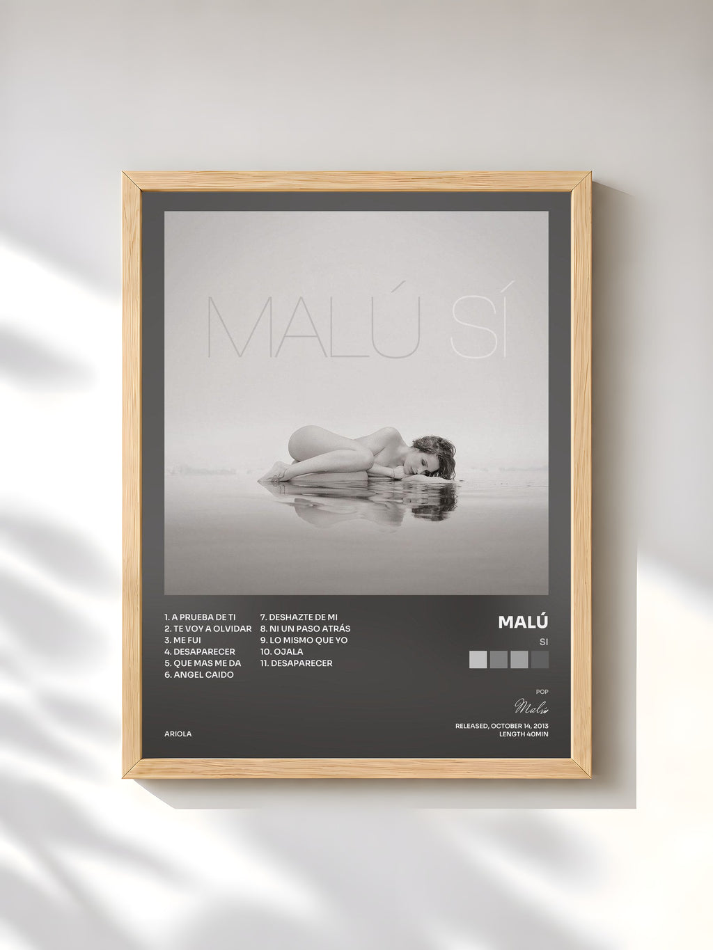 #bois Tableau de l'album Si de Malú, cadre en bois brut, imprimé et encadré en France