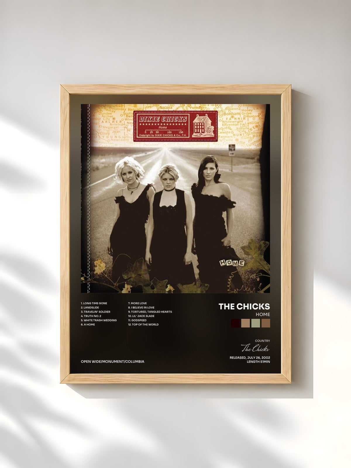 #bois Tableau de l'album Home de The Chicks, cadre en bois brut, imprimé et encadré en France
