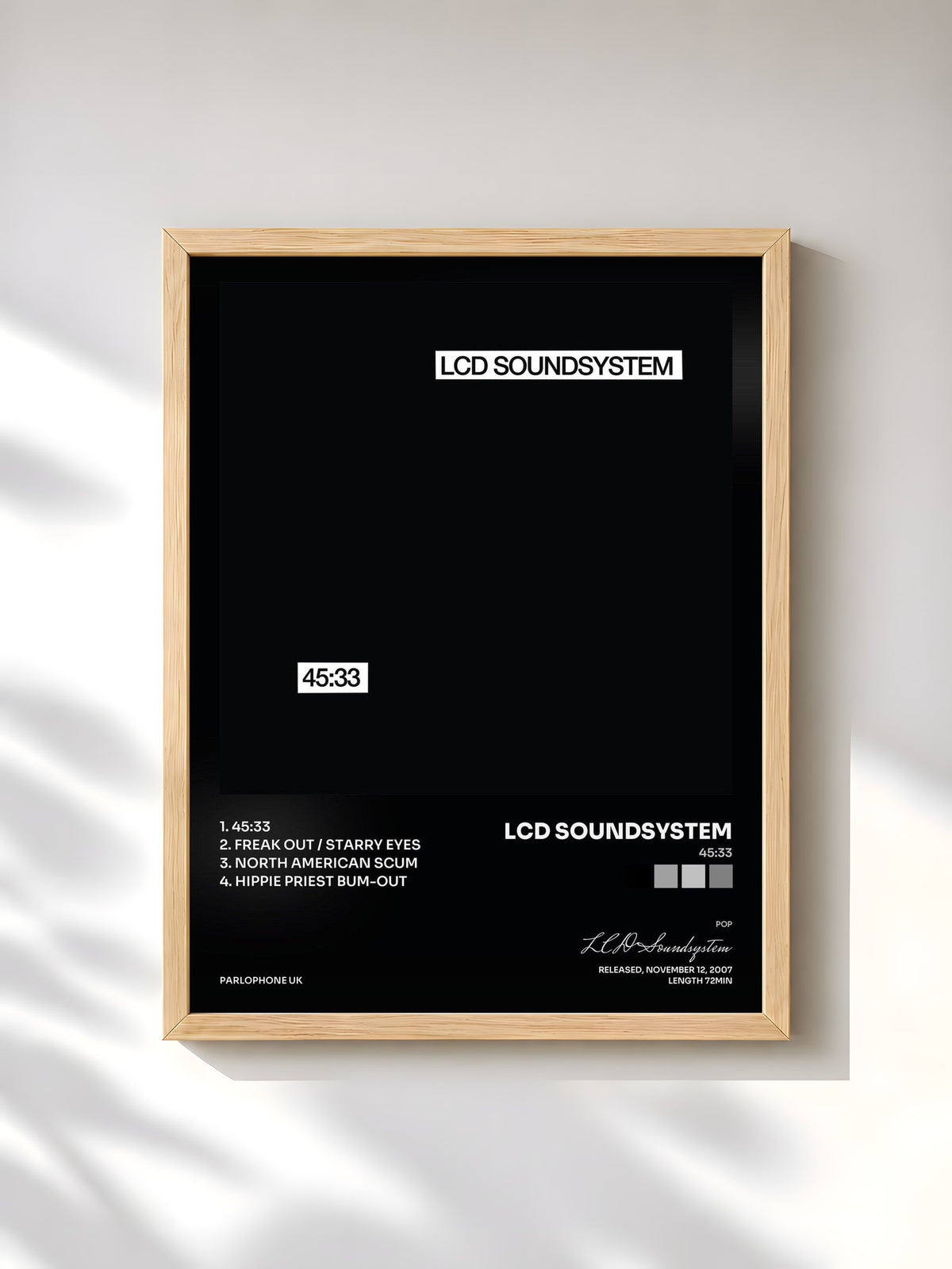 #bois Tableau de l'album 45:33 de LCD Soundsystem, cadre en bois brut, imprimé et encadré en France