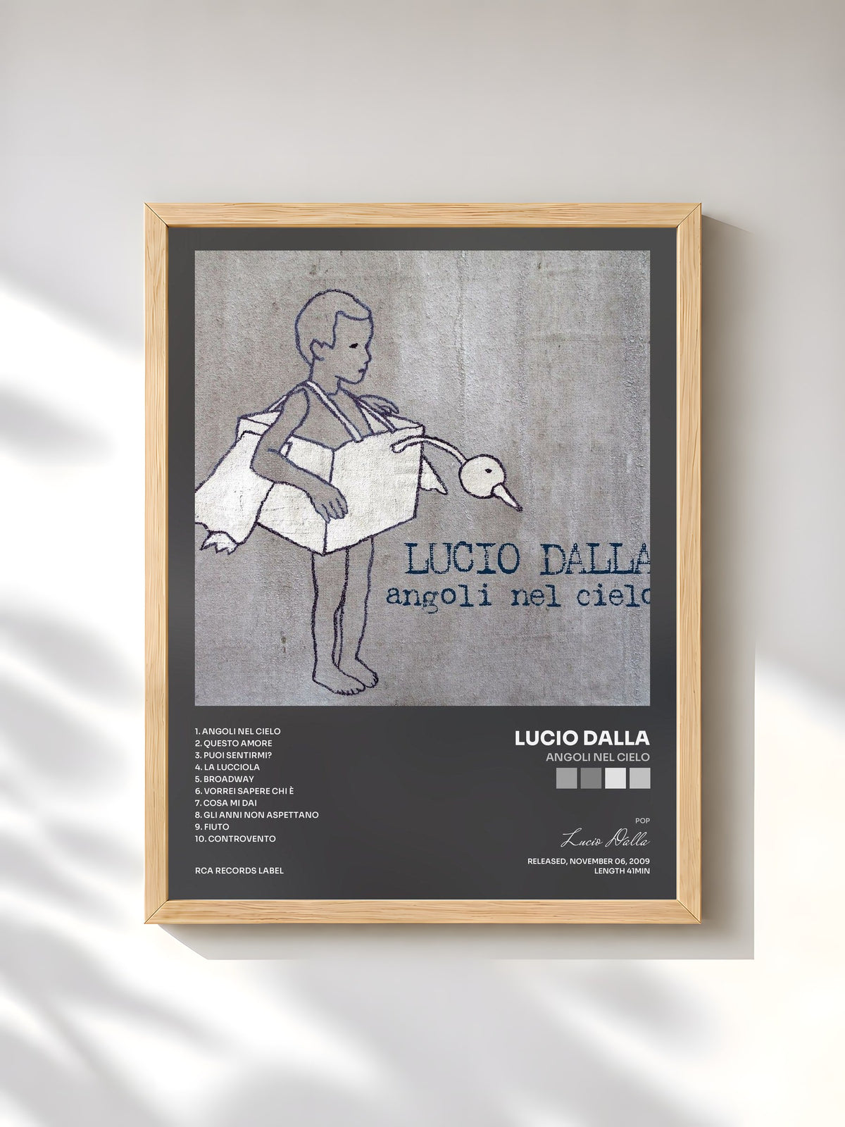#bois Tableau de l'album Angoli Nel Cielo de Lucio Dalla, cadre en bois brut, imprimé et encadré en France