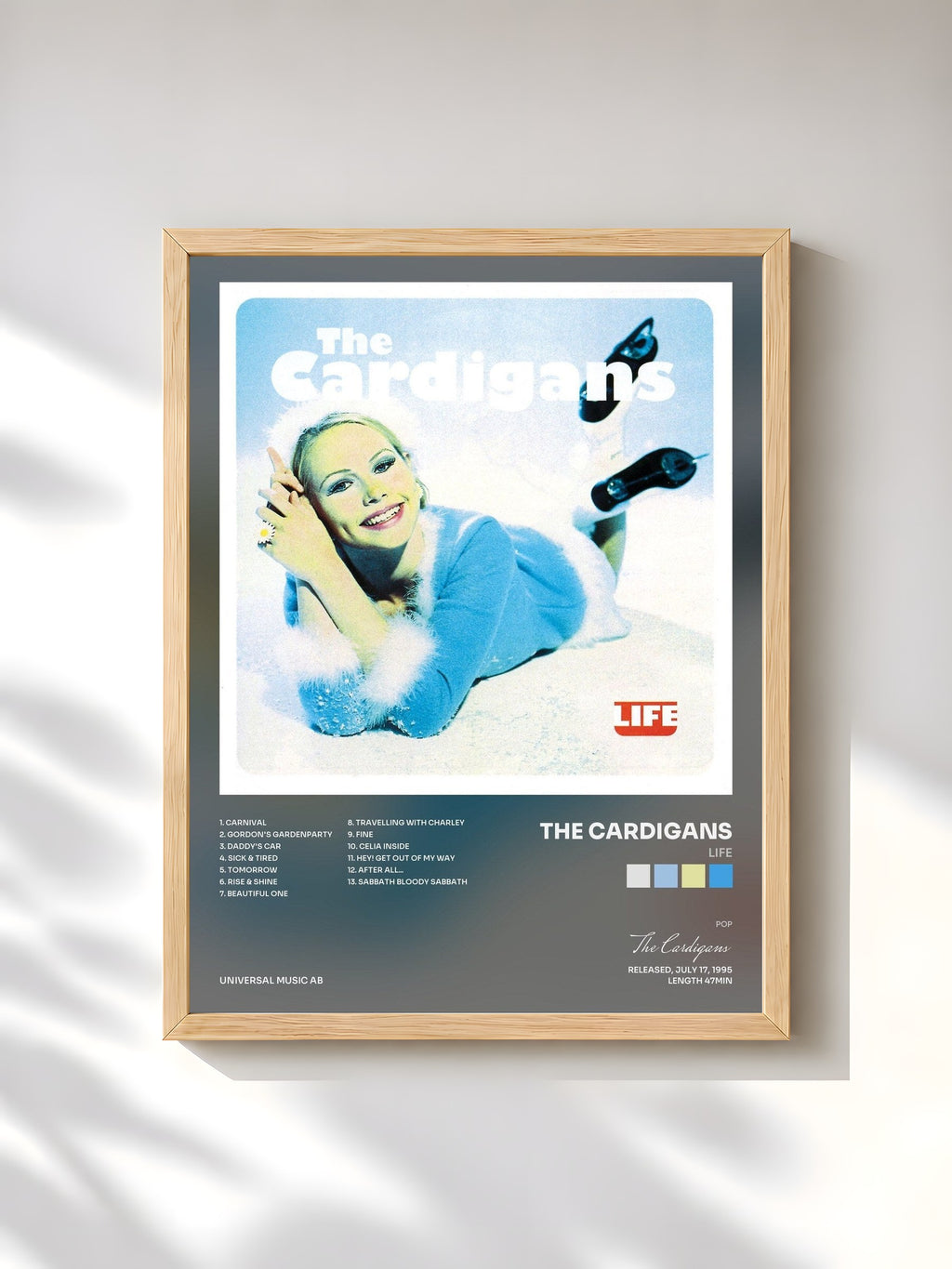 #bois Tableau de l'album Life de The Cardigans, cadre en bois brut, imprimé et encadré en France