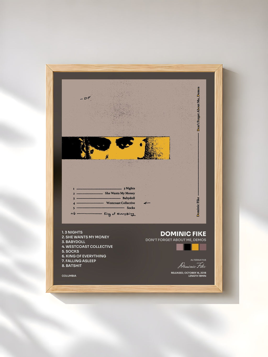#bois Tableau de l'album Don't Forget About Me, Demos de Dominic Fike, cadre en bois brut, imprimé et encadré en France