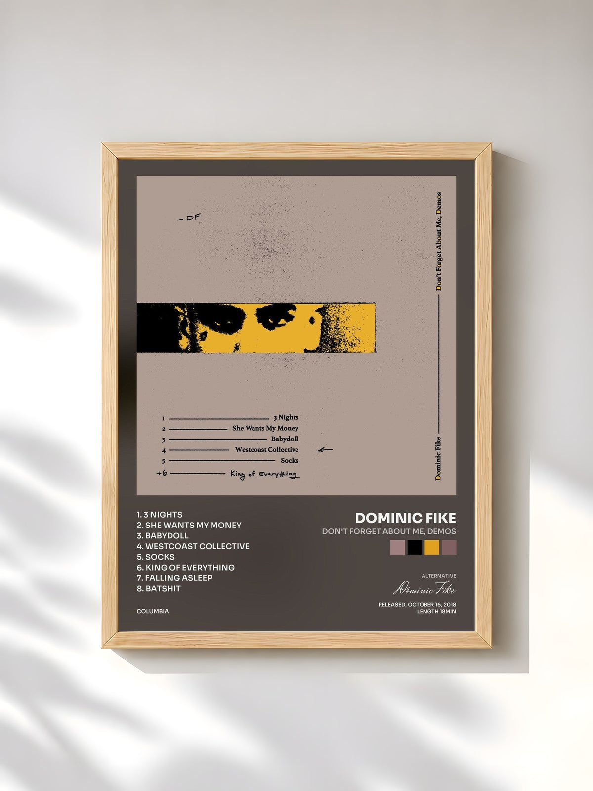 #bois Tableau de l'album Don't Forget About Me, Demos de Dominic Fike, cadre en bois brut, imprimé et encadré en France