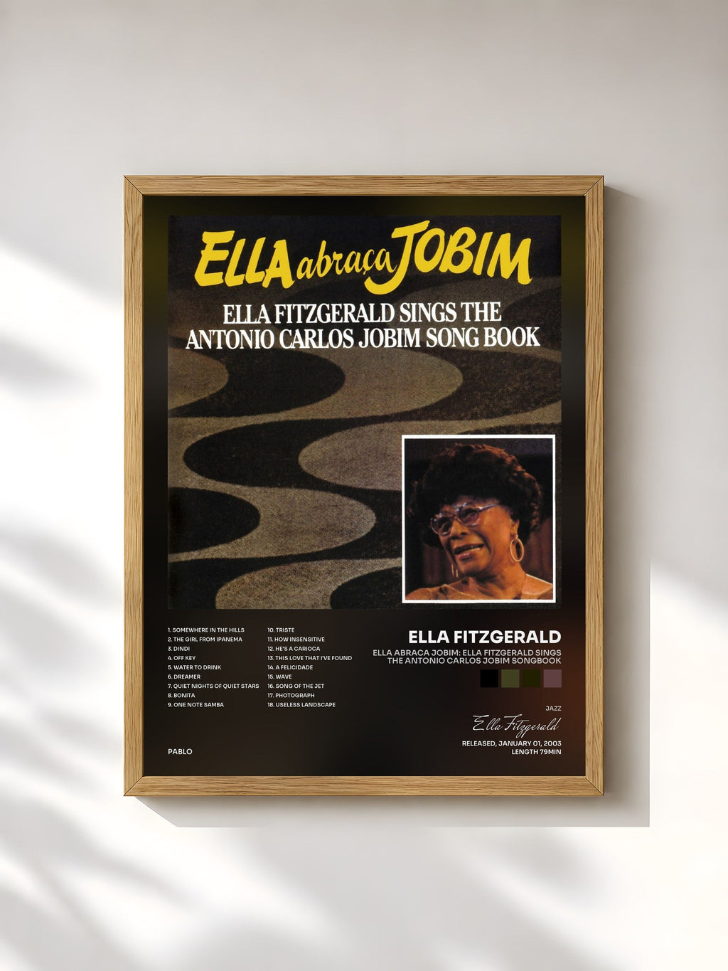 #bois Tableau de l'album Ella Abraca Jobim: Ella Fitzgerald Sings The Antonio Carlos Jobim Songbook de Ella Fitzgerald, cadre en bois brut, imprimé et encadré en France
