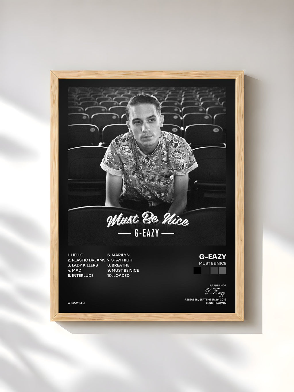 #bois Tableau de l'album Must Be Nice de G-Eazy, cadre en bois brut, imprimé et encadré en France