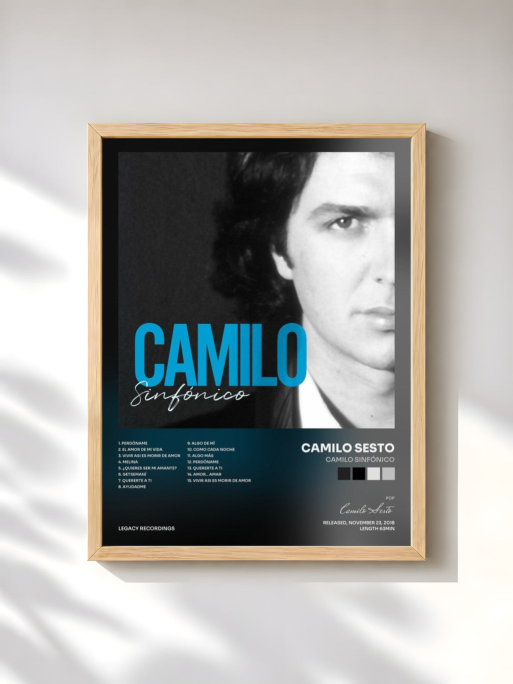#bois Tableau de l'album Camilo Sinfónico de Camilo Sesto, cadre en bois brut, imprimé et encadré en France