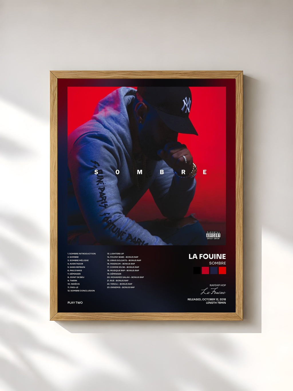 #bois Tableau de l'album Sombre de La Fouine, cadre en bois brut, imprimé et encadré en France