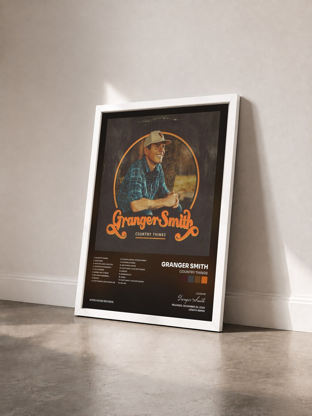 #blanc Tableau de l'album Country Things de Granger Smith vu de trois quarts, cadre blanc