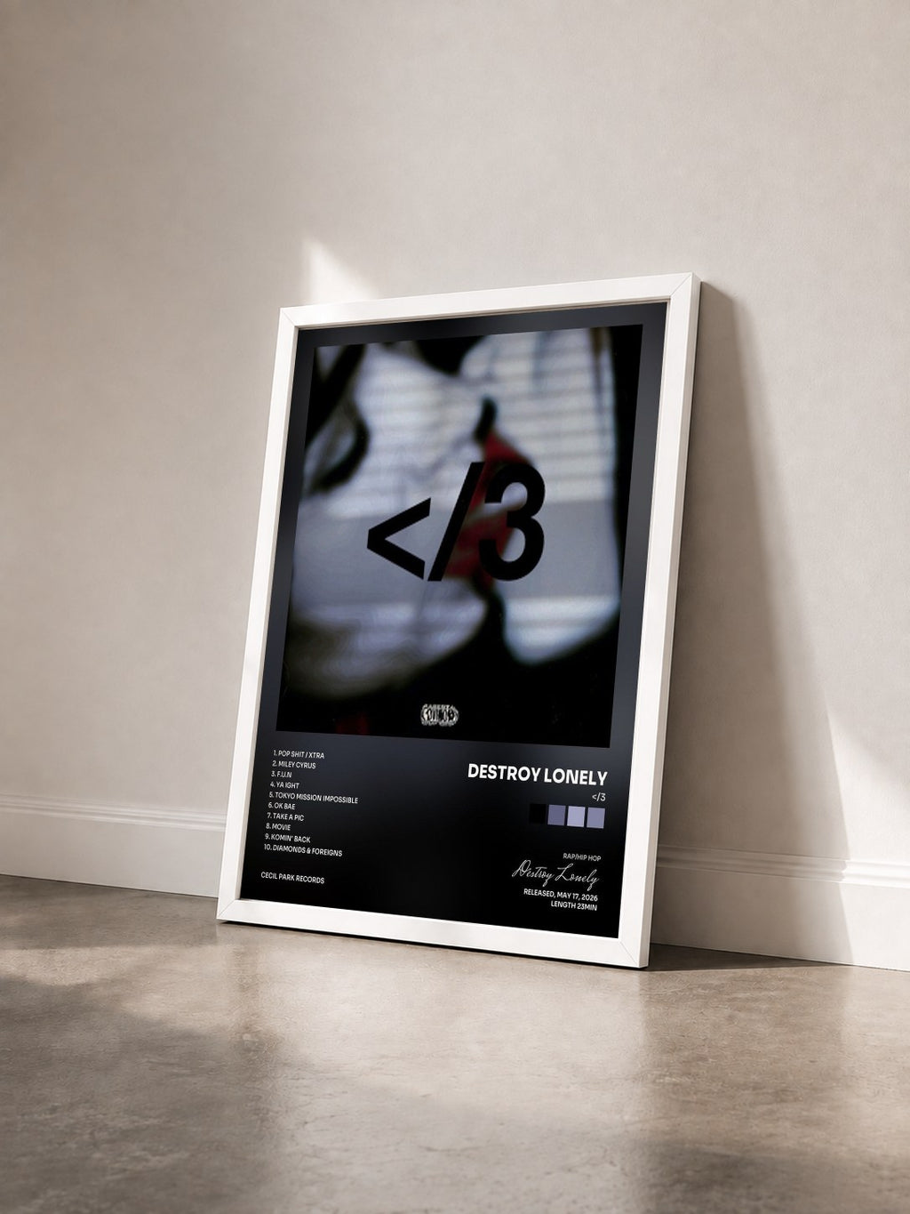 #blanc Tableau de l'album </3 de Destroy Lonely vu de trois quarts, cadre blanc