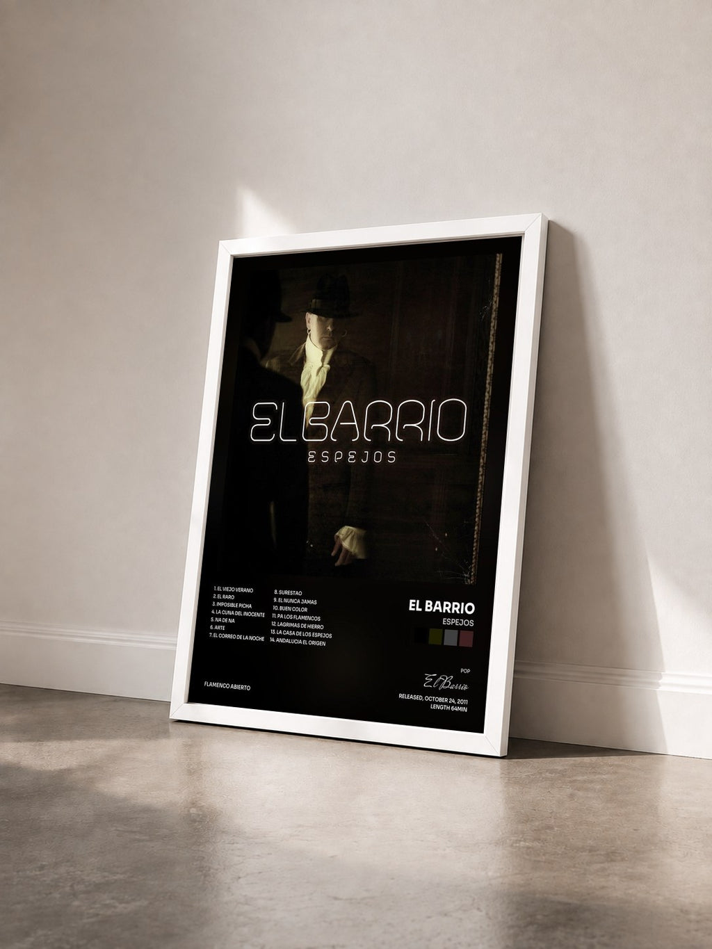 #blanc Tableau de l'album Espejos de El Barrio vu de trois quarts, cadre blanc