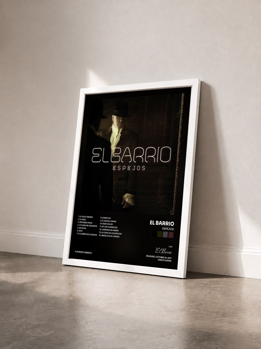 #blanc Tableau de l'album Espejos de El Barrio vu de trois quarts, cadre blanc