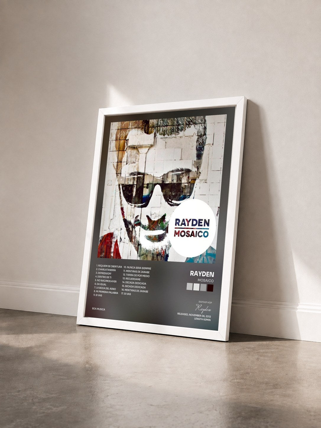 #blanc Tableau de l'album Mosaico de Rayden vu de trois quarts, cadre blanc