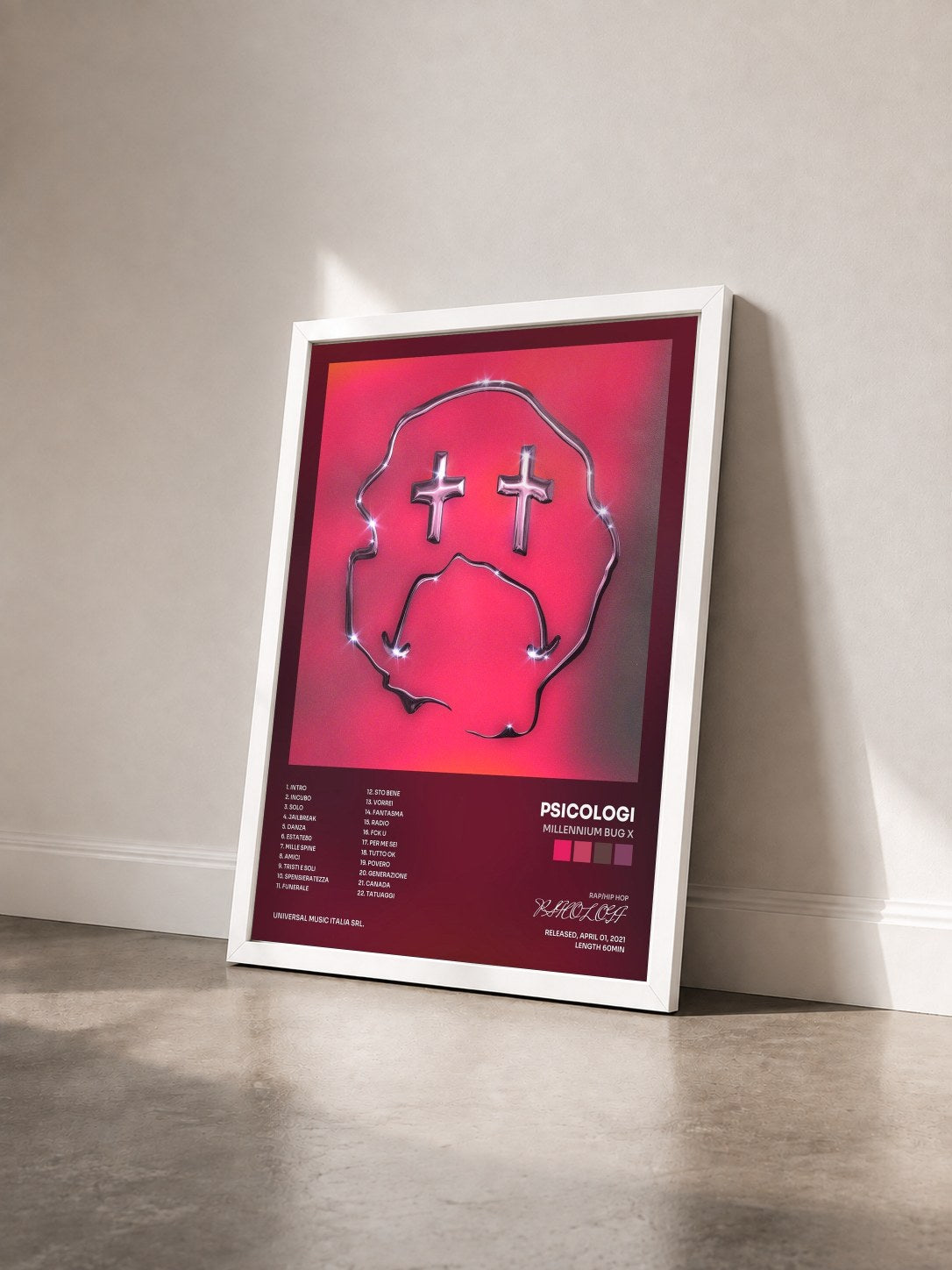#blanc Tableau de l'album MILLENNIUM BUG X de PSICOLOGI vu de trois quarts, cadre blanc