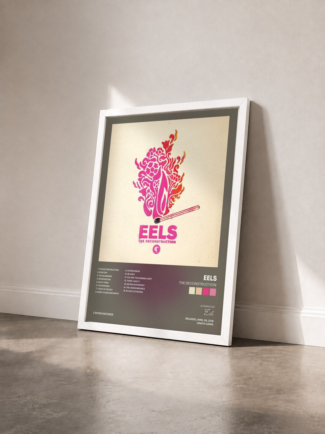 #blanc Tableau de l'album The Deconstruction de Eels vu de trois quarts, cadre blanc