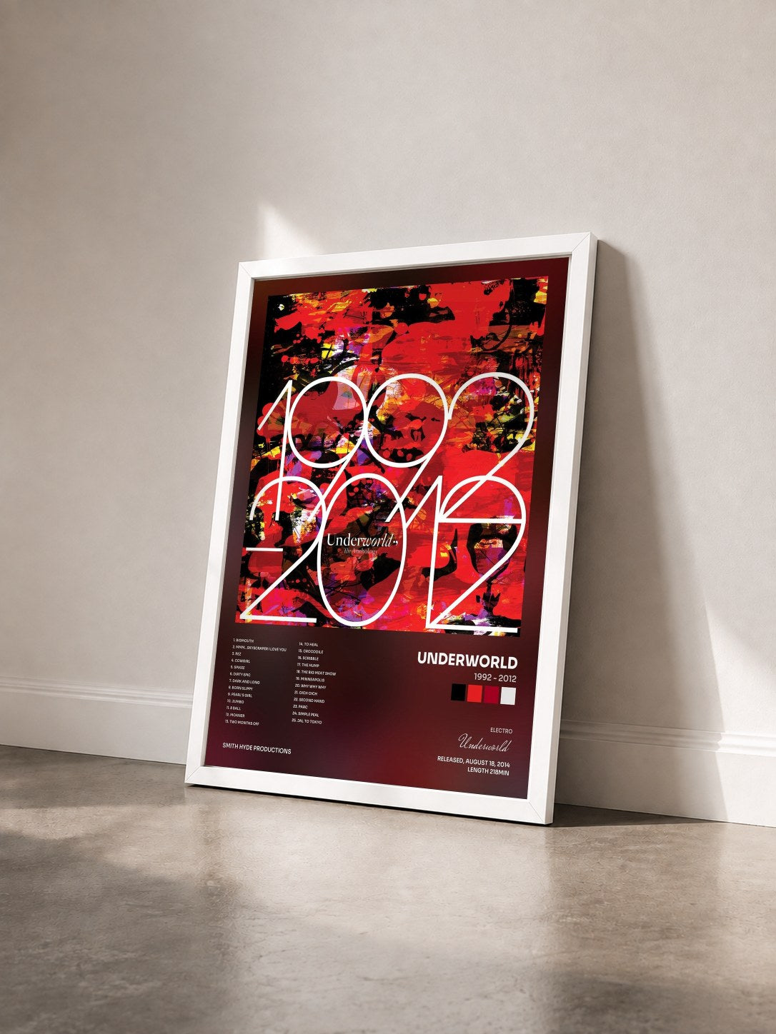 #blanc Tableau de l'album 1992 - 2012 de Underworld vu de trois quarts, cadre blanc