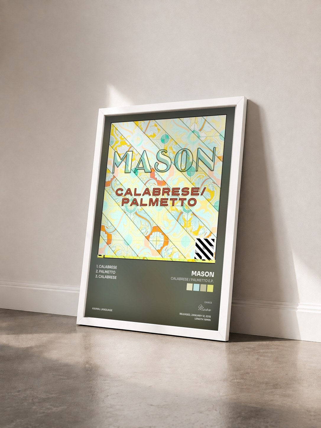 #blanc Tableau de l'album Calabrese / Palmetto E.P. de Mason vu de trois quarts, cadre blanc
