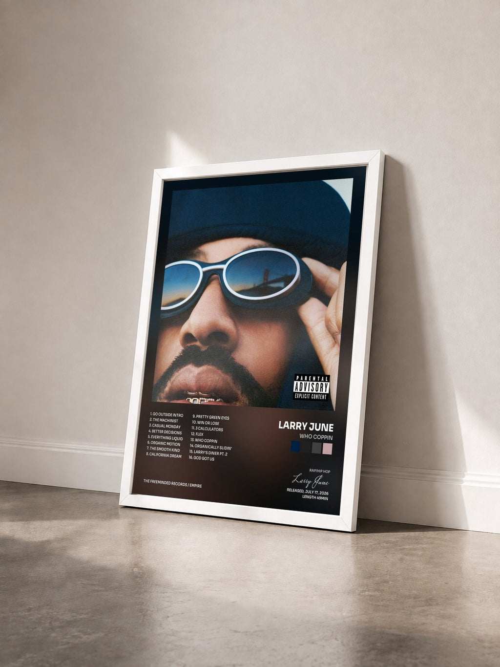 #blanc Tableau de l'album Who Coppin de Larry June vu de trois quarts, cadre blanc