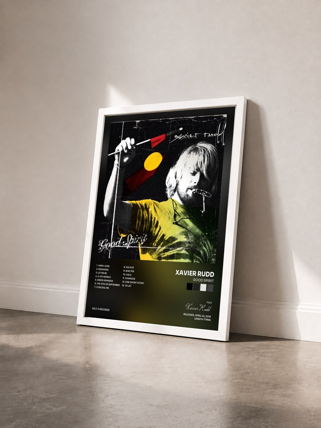 #blanc Tableau de l'album Good Spirit de Xavier Rudd vu de trois quarts, cadre blanc