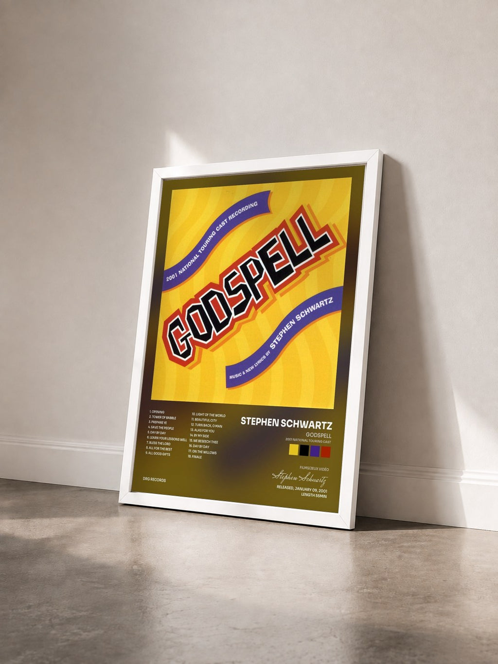 #blanc Tableau de l'album Godspell (2001 National Touring Cast) de Stephen Schwartz vu de trois quarts, cadre blanc