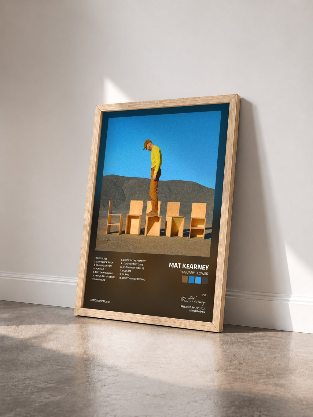 #bois Tableau de l'album January Flower de Mat Kearney vu de trois quarts, cadre en bois brut