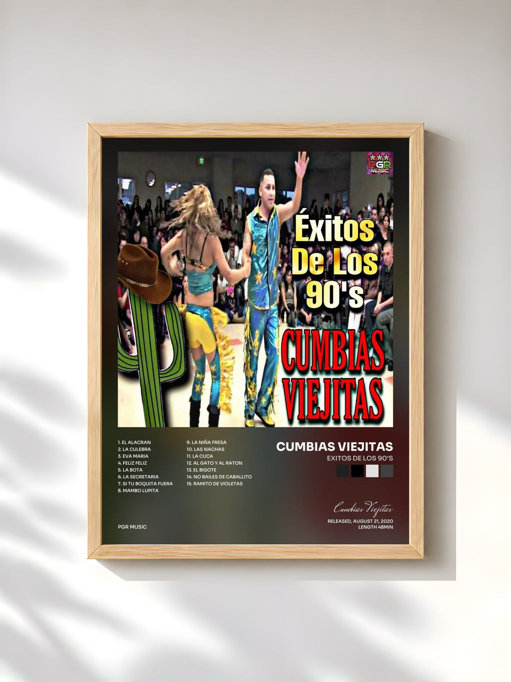 #bois Tableau de l'album Exitos De Los 90's de Cumbias Viejitas, cadre en bois brut, imprimé et encadré en France