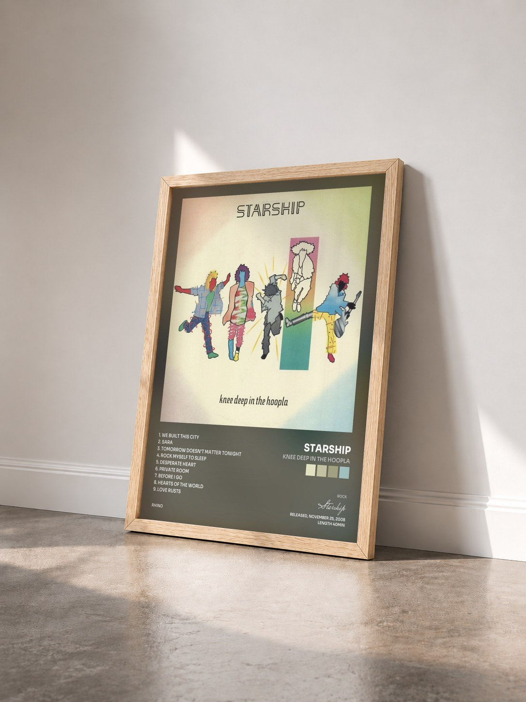#bois Tableau de l'album Knee Deep In The Hoopla de Starship vu de trois quarts, cadre en bois brut