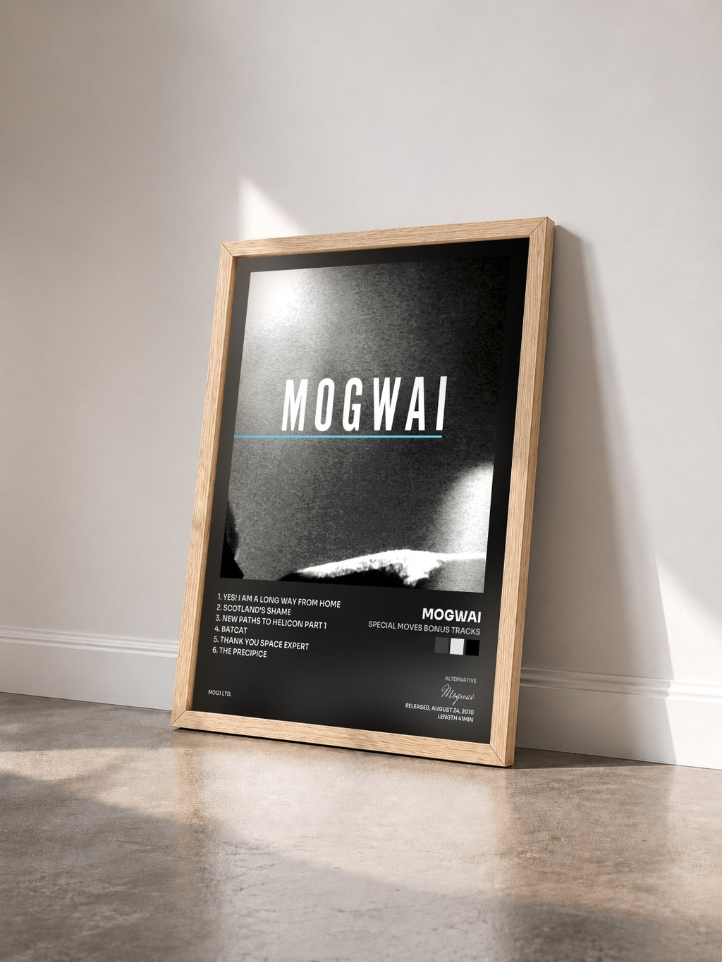 #bois Tableau de l'album Special Moves Bonus Tracks de Mogwai vu de trois quarts, cadre en bois brut