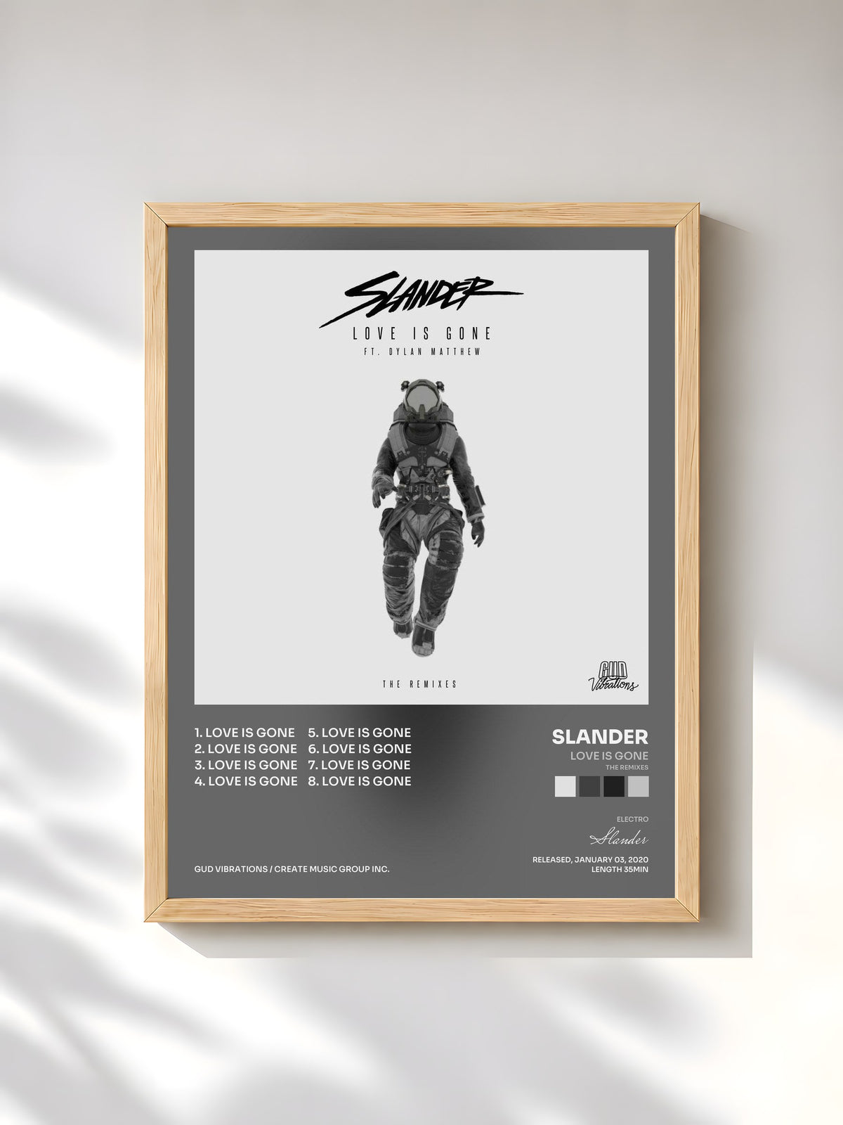 #bois Tableau de l'album Love Is Gone (The Remixes) de Slander, cadre en bois brut, imprimé et encadré en France