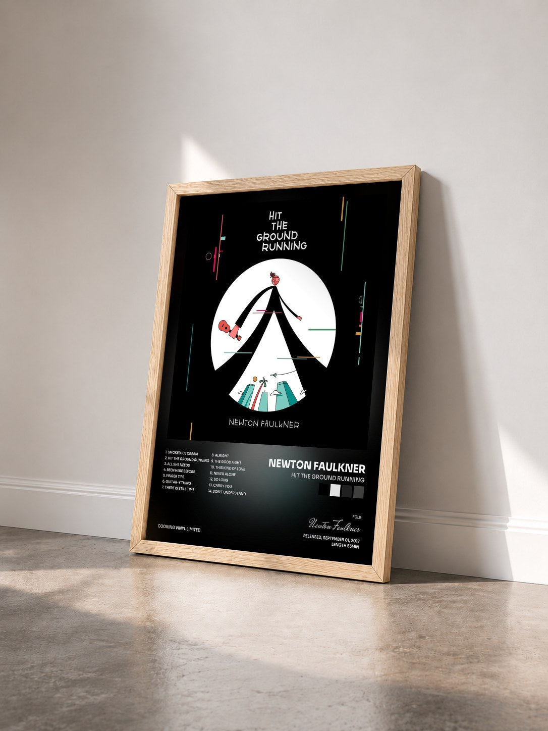 #bois Tableau de l'album Hit the Ground Running de Newton Faulkner vu de trois quarts, cadre en bois brut